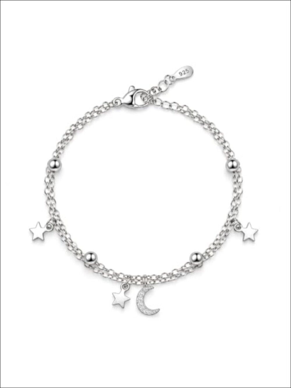 925 Sterling Silver Celestial Layered Bracelet Star Moon Charm Adjustable